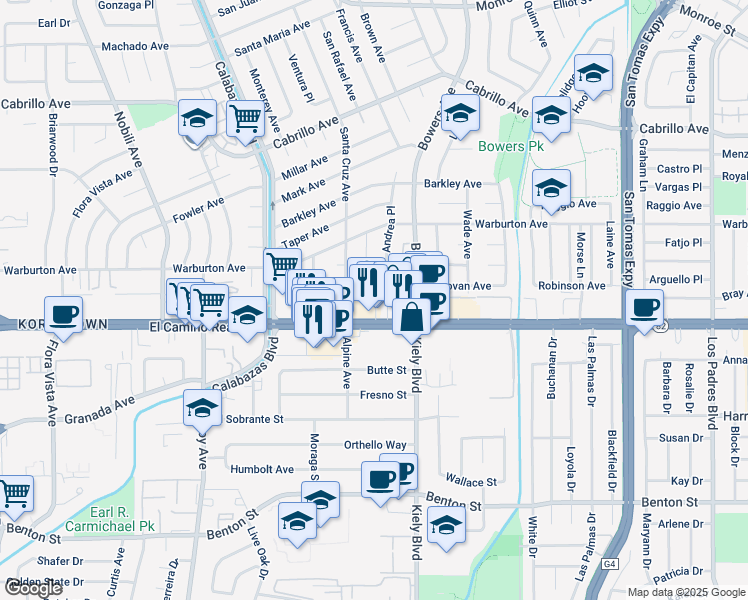 map of restaurants, bars, coffee shops, grocery stores, and more near 2931 El Camino Real in Santa Clara