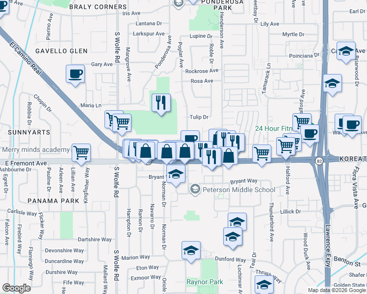 map of restaurants, bars, coffee shops, grocery stores, and more near 979 Wisteria Terrace in Sunnyvale