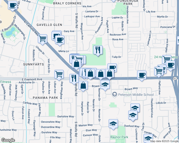 map of restaurants, bars, coffee shops, grocery stores, and more near 939 East El Camino Real in Sunnyvale
