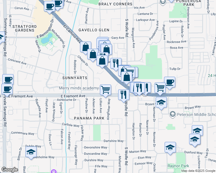 map of restaurants, bars, coffee shops, grocery stores, and more near 813 Kingfisher Terrace in Sunnyvale