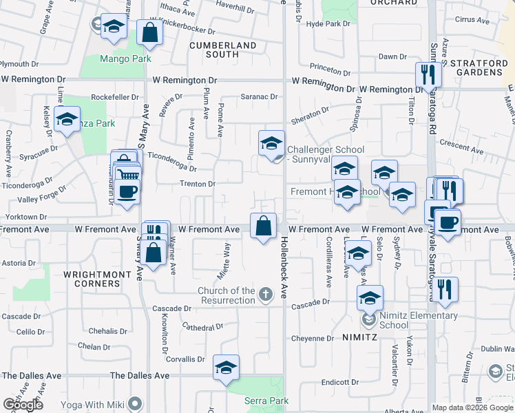 map of restaurants, bars, coffee shops, grocery stores, and more near 1281 Riesling Terrace in Sunnyvale