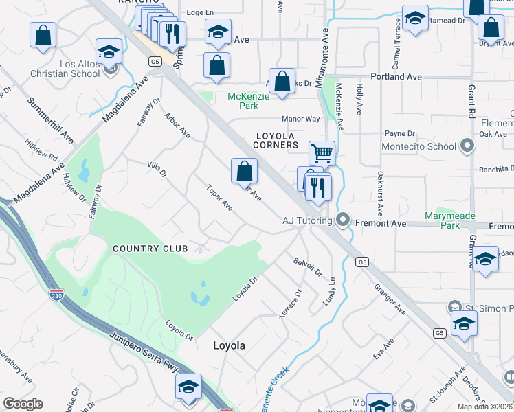 map of restaurants, bars, coffee shops, grocery stores, and more near 1538 Arbor Avenue in Los Altos