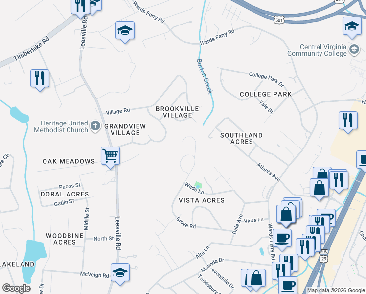 map of restaurants, bars, coffee shops, grocery stores, and more near 1304 Grove Road in Lynchburg