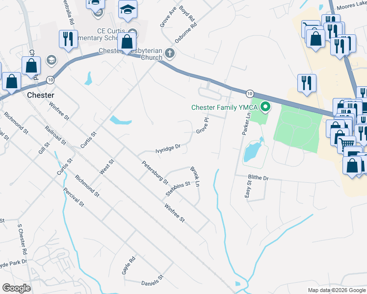 map of restaurants, bars, coffee shops, grocery stores, and more near 12417 Ivyridge Terrace in Chester