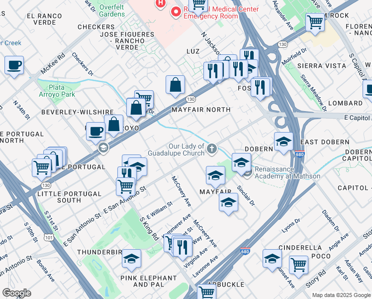 map of restaurants, bars, coffee shops, grocery stores, and more near 171 South Sunset Avenue in San Jose