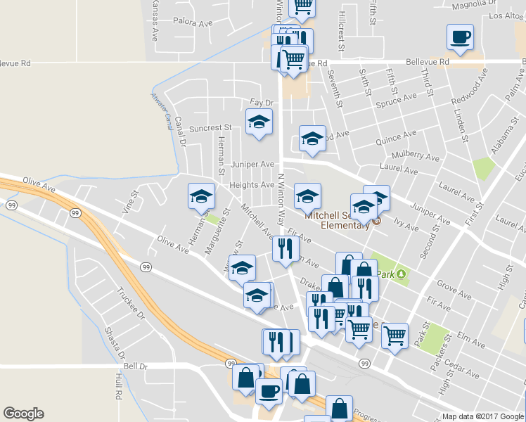 map of restaurants, bars, coffee shops, grocery stores, and more near 1996 Grove Avenue in Atwater