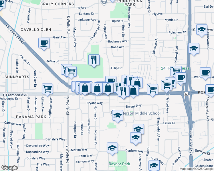 map of restaurants, bars, coffee shops, grocery stores, and more near 979 Wisteria Terrace in Sunnyvale