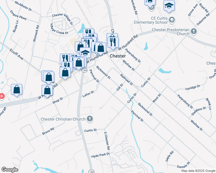 map of restaurants, bars, coffee shops, grocery stores, and more near 12225 Percival Street in Chester
