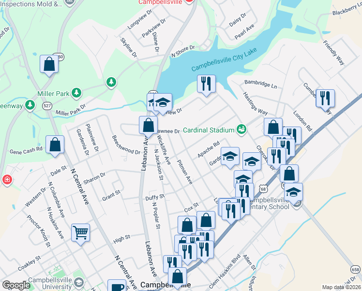 map of restaurants, bars, coffee shops, grocery stores, and more near 500-598 Pitman Avenue in Campbellsville