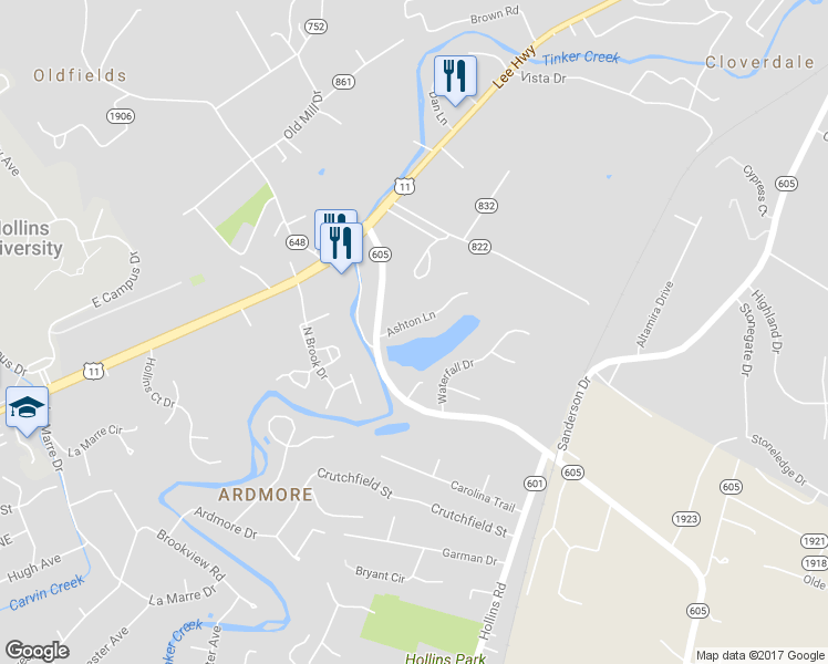 map of restaurants, bars, coffee shops, grocery stores, and more near 8135 Ashton Lane in Hollins