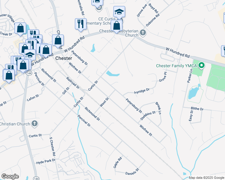map of restaurants, bars, coffee shops, grocery stores, and more near 12348 Petersburg Street in Chester