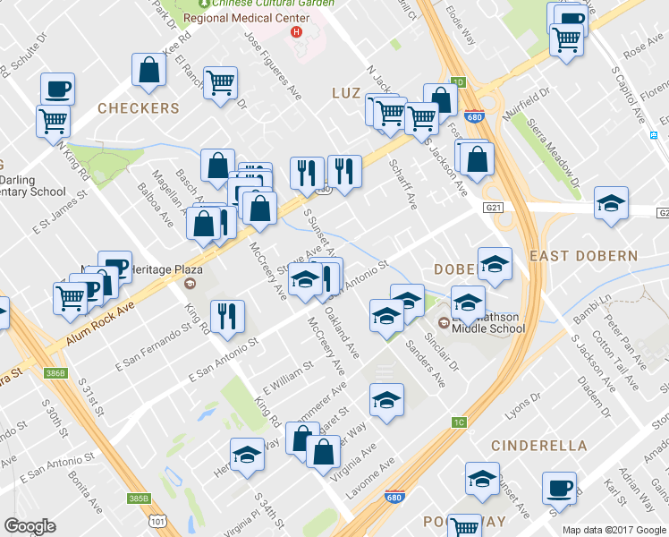 map of restaurants, bars, coffee shops, grocery stores, and more near 171 South Sunset Avenue in San Jose