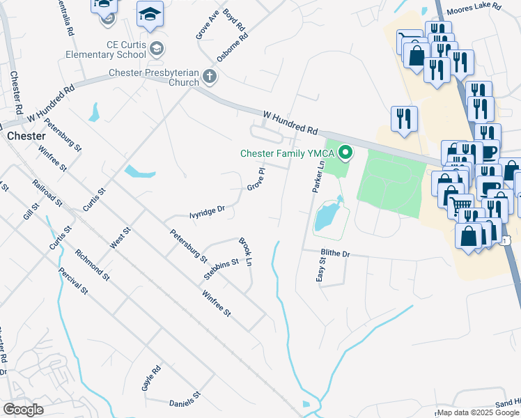 map of restaurants, bars, coffee shops, grocery stores, and more near 3200 Treebeard Terrace in Chester