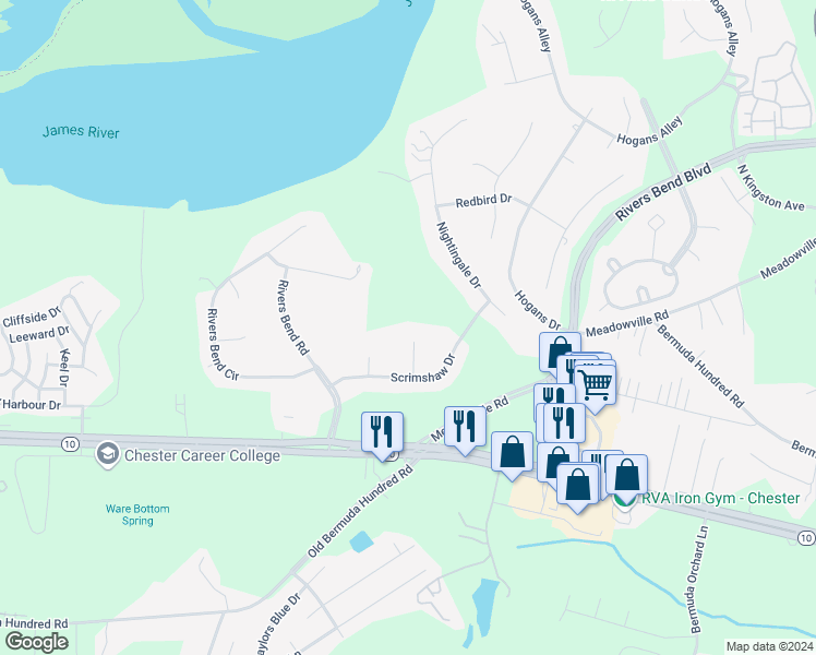 map of restaurants, bars, coffee shops, grocery stores, and more near 12900 Scrimshaw Circle in Chester
