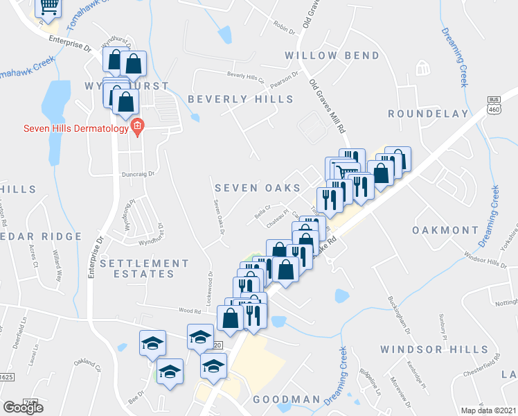 map of restaurants, bars, coffee shops, grocery stores, and more near 198 Geppetto Way in Lynchburg