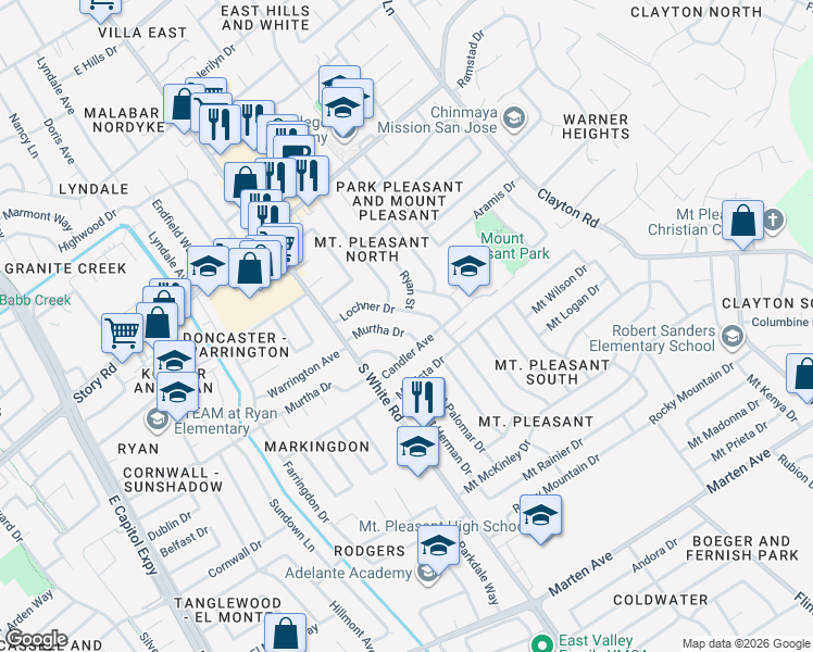 map of restaurants, bars, coffee shops, grocery stores, and more near 10322 Murtha Drive in San Jose