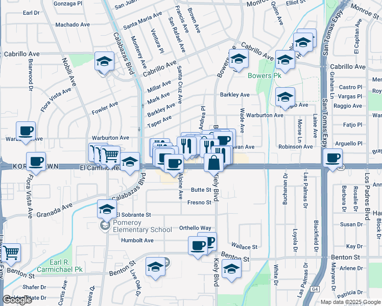map of restaurants, bars, coffee shops, grocery stores, and more near 2931 El Camino Real in Santa Clara