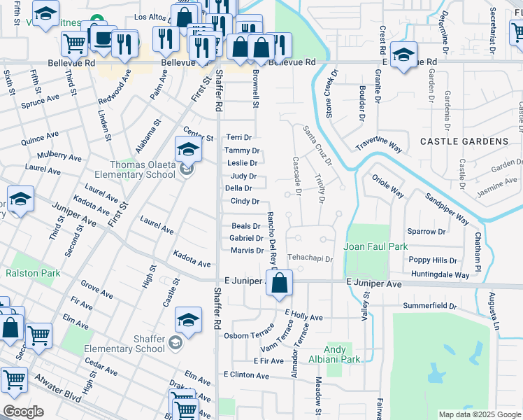 map of restaurants, bars, coffee shops, grocery stores, and more near 2120 Rancho Del Rey Drive in Atwater