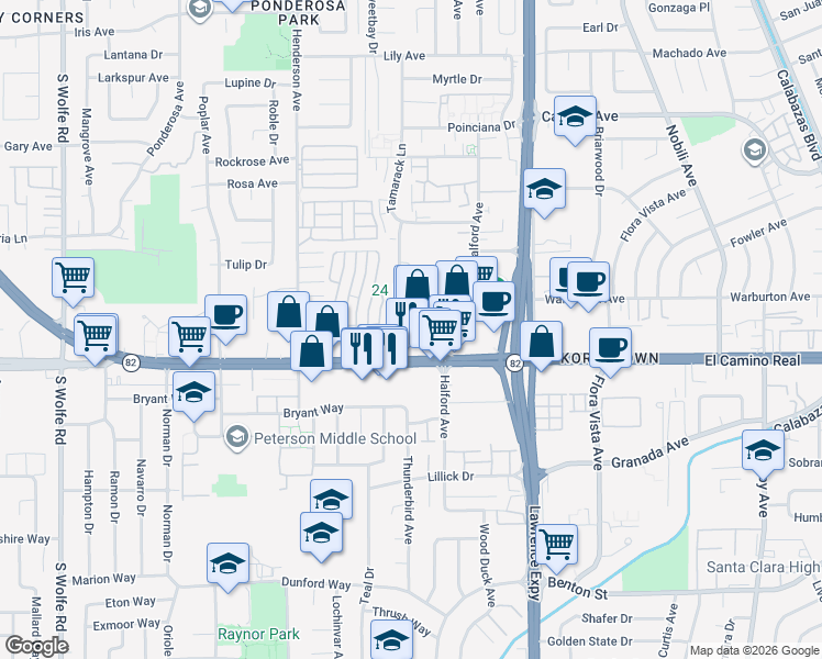 map of restaurants, bars, coffee shops, grocery stores, and more near 1080 Ed Roth Terrace in Sunnyvale