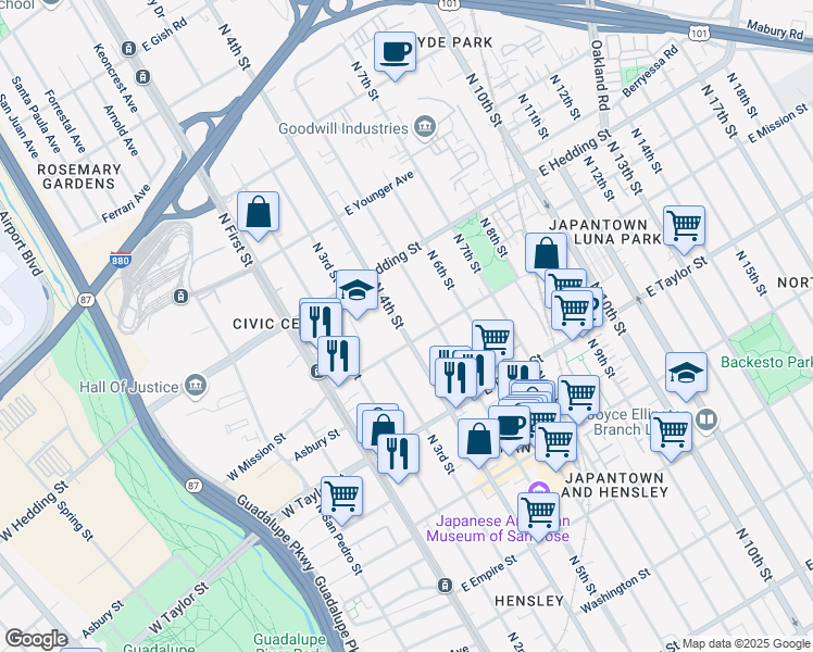 map of restaurants, bars, coffee shops, grocery stores, and more near 818 North 4th Street in San Jose