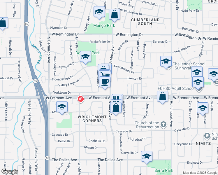 map of restaurants, bars, coffee shops, grocery stores, and more near 1269 South Mary Avenue in Sunnyvale