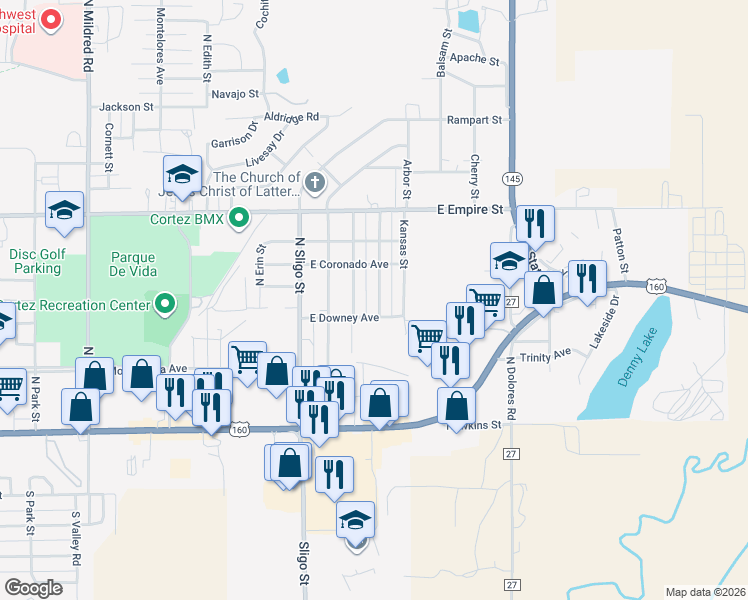 map of restaurants, bars, coffee shops, grocery stores, and more near 406 N Texas St in Cortez
