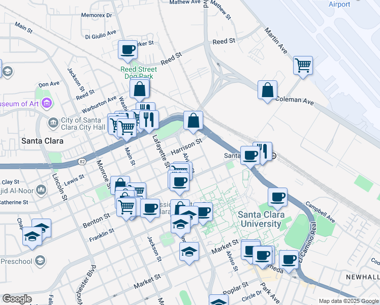 map of restaurants, bars, coffee shops, grocery stores, and more near 759 Fremont Street in Santa Clara