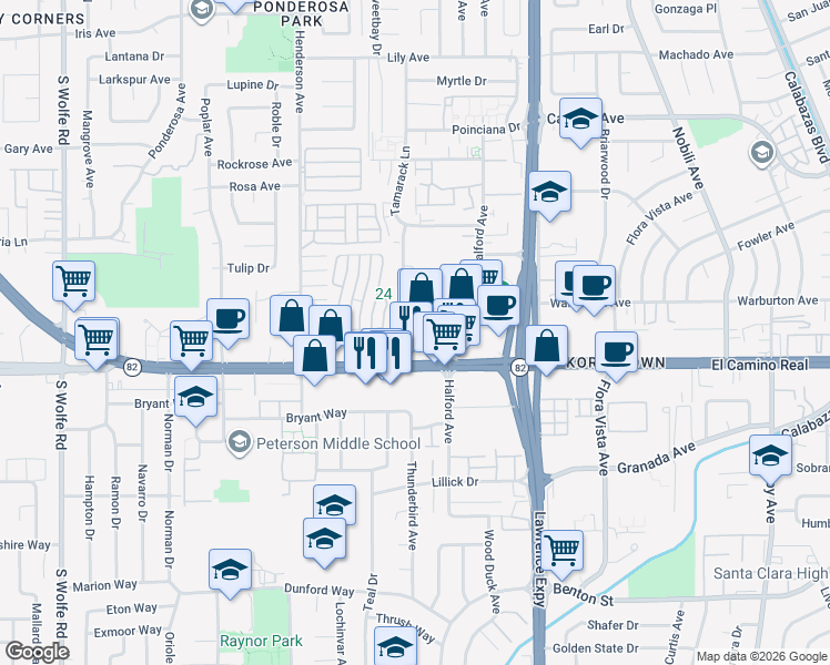 map of restaurants, bars, coffee shops, grocery stores, and more near 1080 Ed Roth Terrace in Sunnyvale