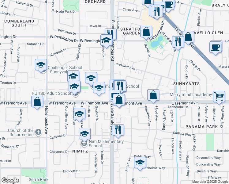 map of restaurants, bars, coffee shops, grocery stores, and more near 1241 Sunnyvale Saratoga Road in Sunnyvale
