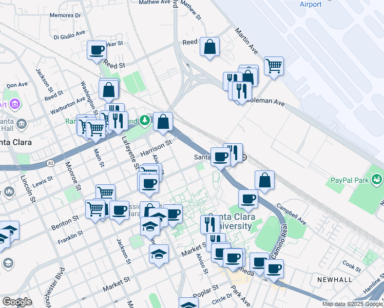 map of restaurants, bars, coffee shops, grocery stores, and more near in Santa Clara
