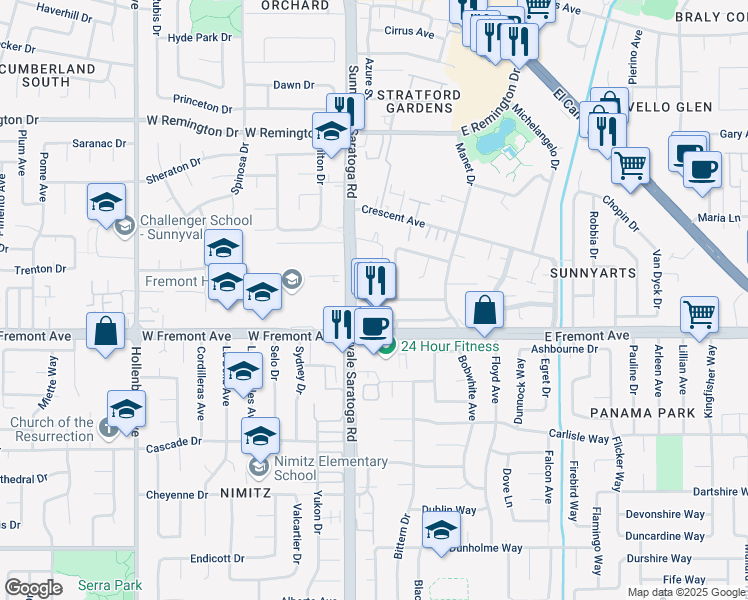 map of restaurants, bars, coffee shops, grocery stores, and more near 1248 Sunnyvale Saratoga Road in Sunnyvale