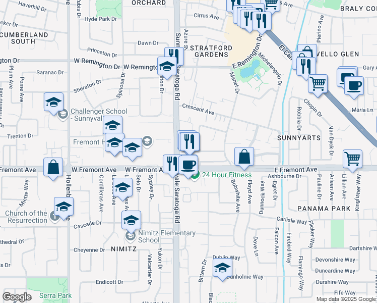 map of restaurants, bars, coffee shops, grocery stores, and more near 1248 Sunnyvale Saratoga Road in Sunnyvale