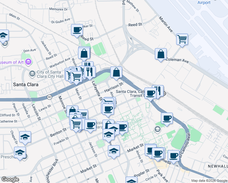 map of restaurants, bars, coffee shops, grocery stores, and more near 770 Harrison Street in Santa Clara