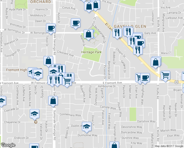 map of restaurants, bars, coffee shops, grocery stores, and more near 645 Picasso Terrace in Sunnyvale