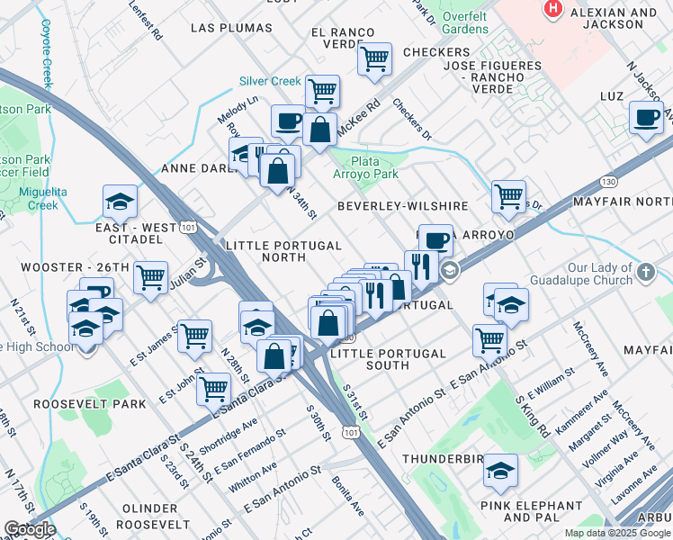 map of restaurants, bars, coffee shops, grocery stores, and more near 87 Eastwood Court in San Jose