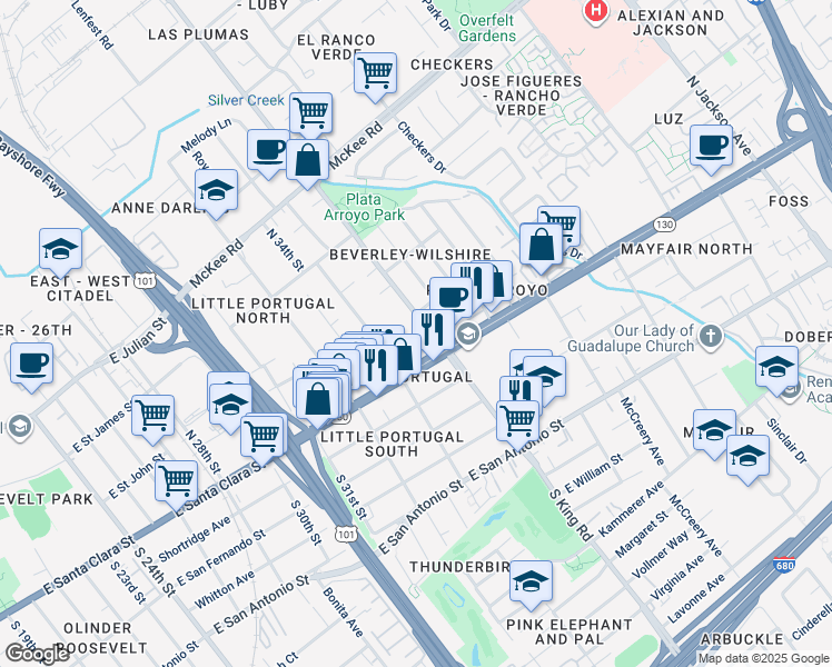 map of restaurants, bars, coffee shops, grocery stores, and more near 35 North King Road in San Jose