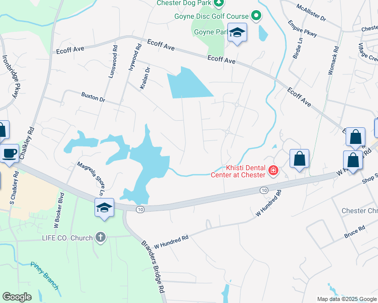 map of restaurants, bars, coffee shops, grocery stores, and more near 11651 Teterling Road in Chester