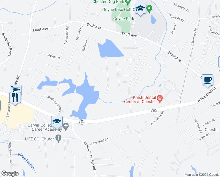 map of restaurants, bars, coffee shops, grocery stores, and more near 11651 Teterling Road in Chester