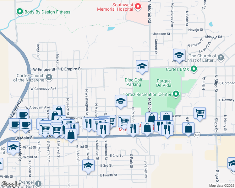 map of restaurants, bars, coffee shops, grocery stores, and more near 767 Birch Drive in Cortez