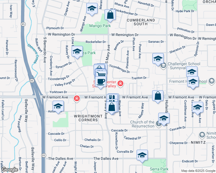 map of restaurants, bars, coffee shops, grocery stores, and more near 1269 South Mary Avenue in Sunnyvale