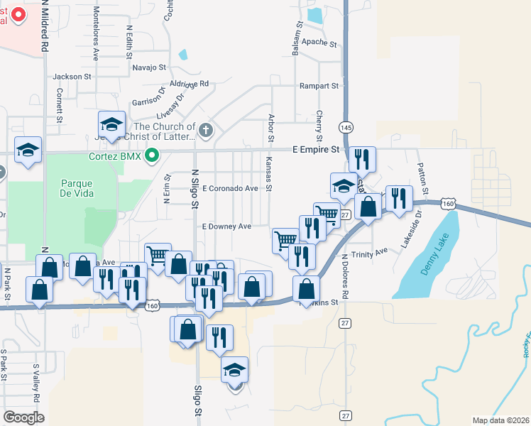 map of restaurants, bars, coffee shops, grocery stores, and more near 2010 East Downey Avenue in Cortez