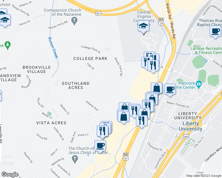 map of restaurants, bars, coffee shops, grocery stores, and more near 102 Havenwood Drive in Lynchburg