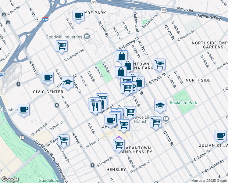 map of restaurants, bars, coffee shops, grocery stores, and more near 733 North 7th Street in San Jose