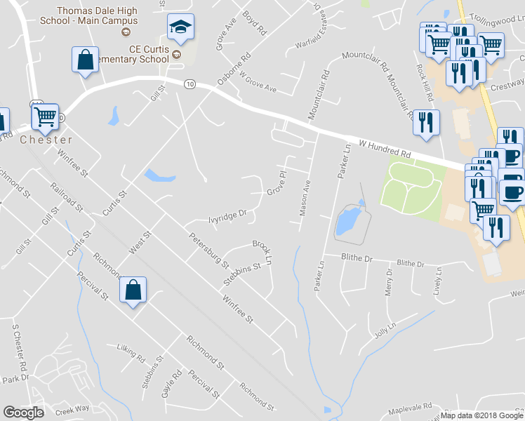 map of restaurants, bars, coffee shops, grocery stores, and more near 3513 Ivyridge Drive in Chester
