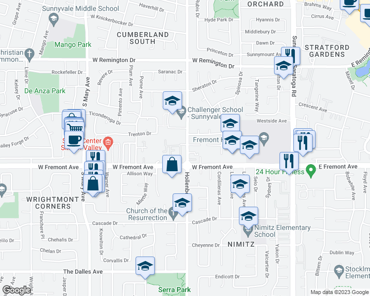 map of restaurants, bars, coffee shops, grocery stores, and more near 1235 Hollenbeck Avenue in Sunnyvale