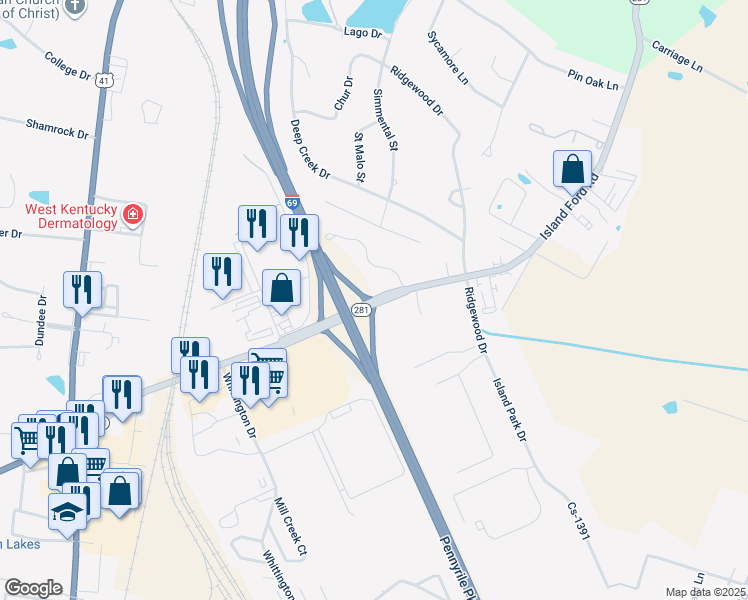 map of restaurants, bars, coffee shops, grocery stores, and more near 545 Island Ford Road in Madisonville