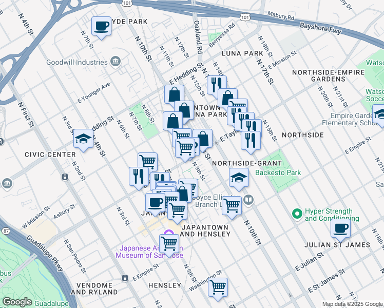 map of restaurants, bars, coffee shops, grocery stores, and more near 415 East Taylor Street in San Jose