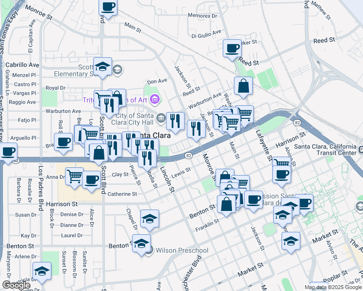 map of restaurants, bars, coffee shops, grocery stores, and more near 1440 Civic Center Drive in Santa Clara