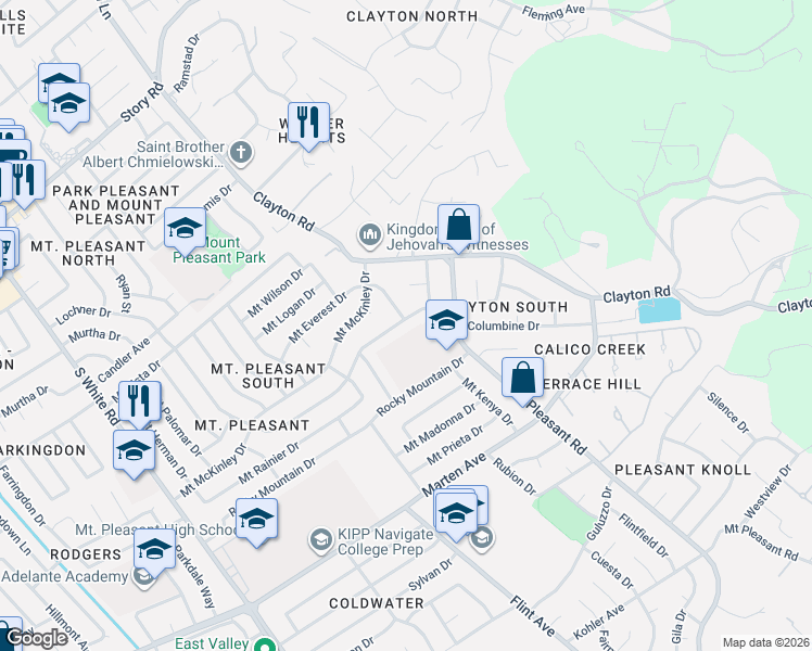 map of restaurants, bars, coffee shops, grocery stores, and more near 3430 Blue Mountain Drive in San Jose