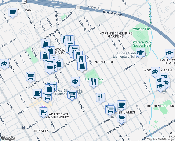 map of restaurants, bars, coffee shops, grocery stores, and more near 621 E Jackson Street in San Jose